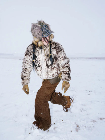 Personsoul Snake Print Faux Fur Jacket