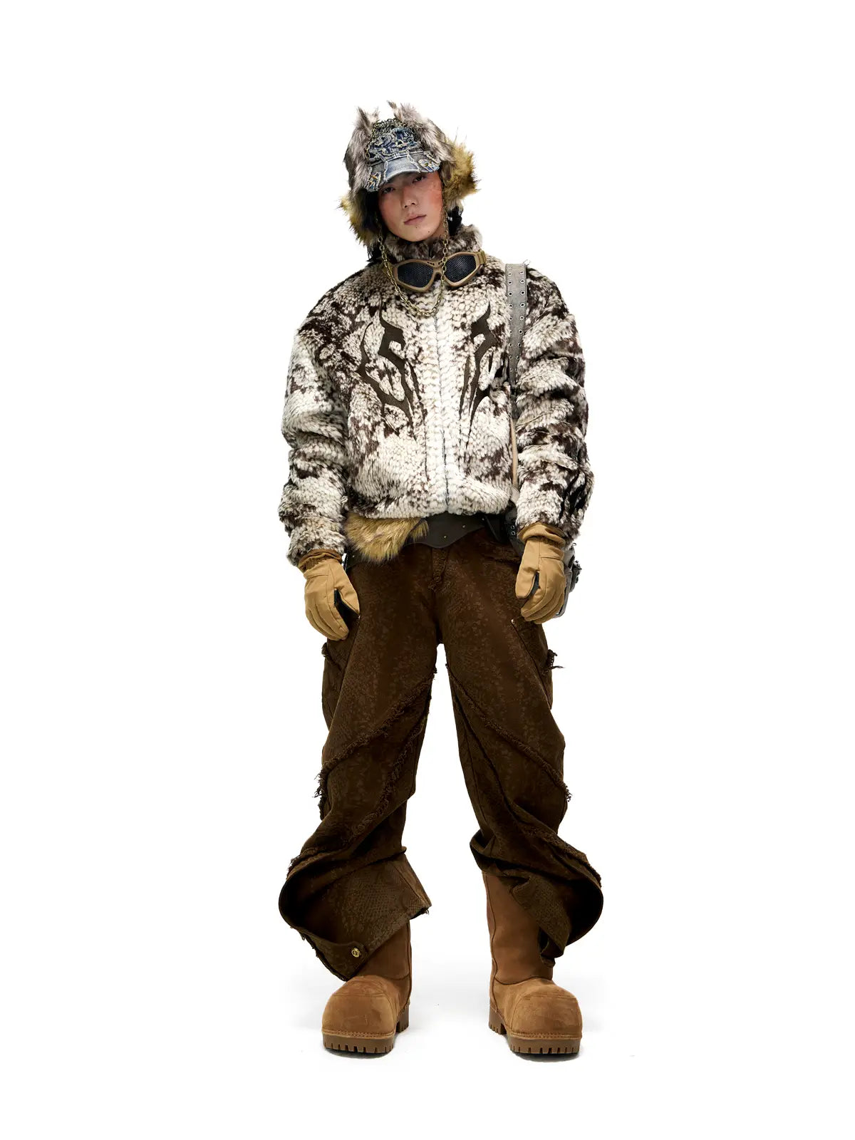 Personsoul Snake Print Faux Fur Jacket